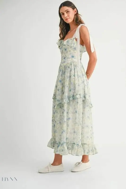 MABLE Floral Printed Shoulder Strap Midi Dress - EBYNN