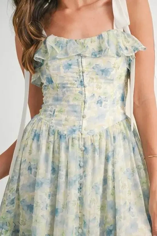 MABLE Floral Printed Shoulder Strap Midi Dress - EBYNN
