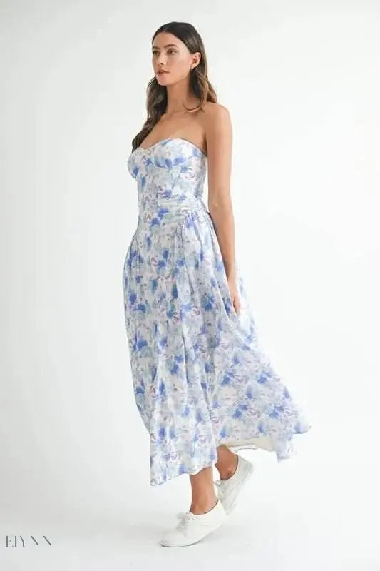 Floral Printed Midi Dress with Sweetheart Neckline - EBYNN