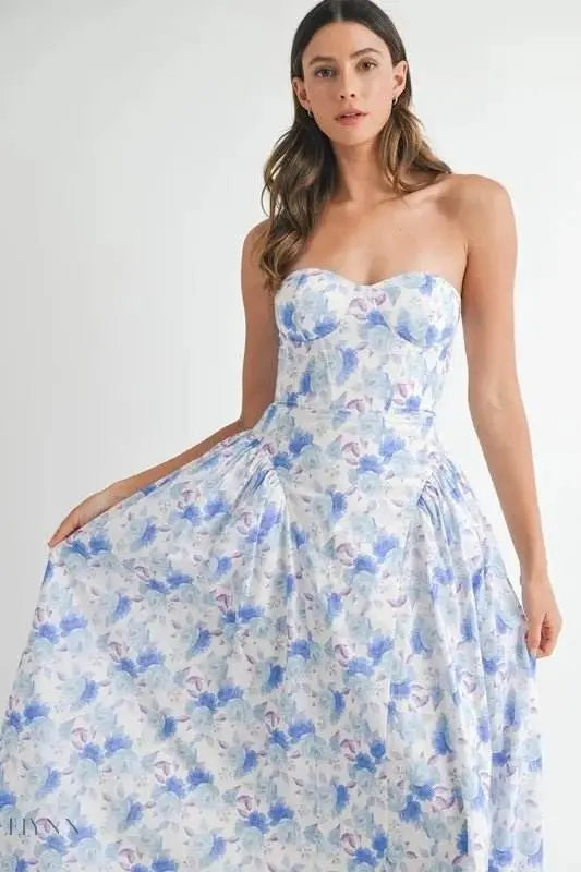 Floral Printed Midi Dress with Sweetheart Neckline - EBYNN
