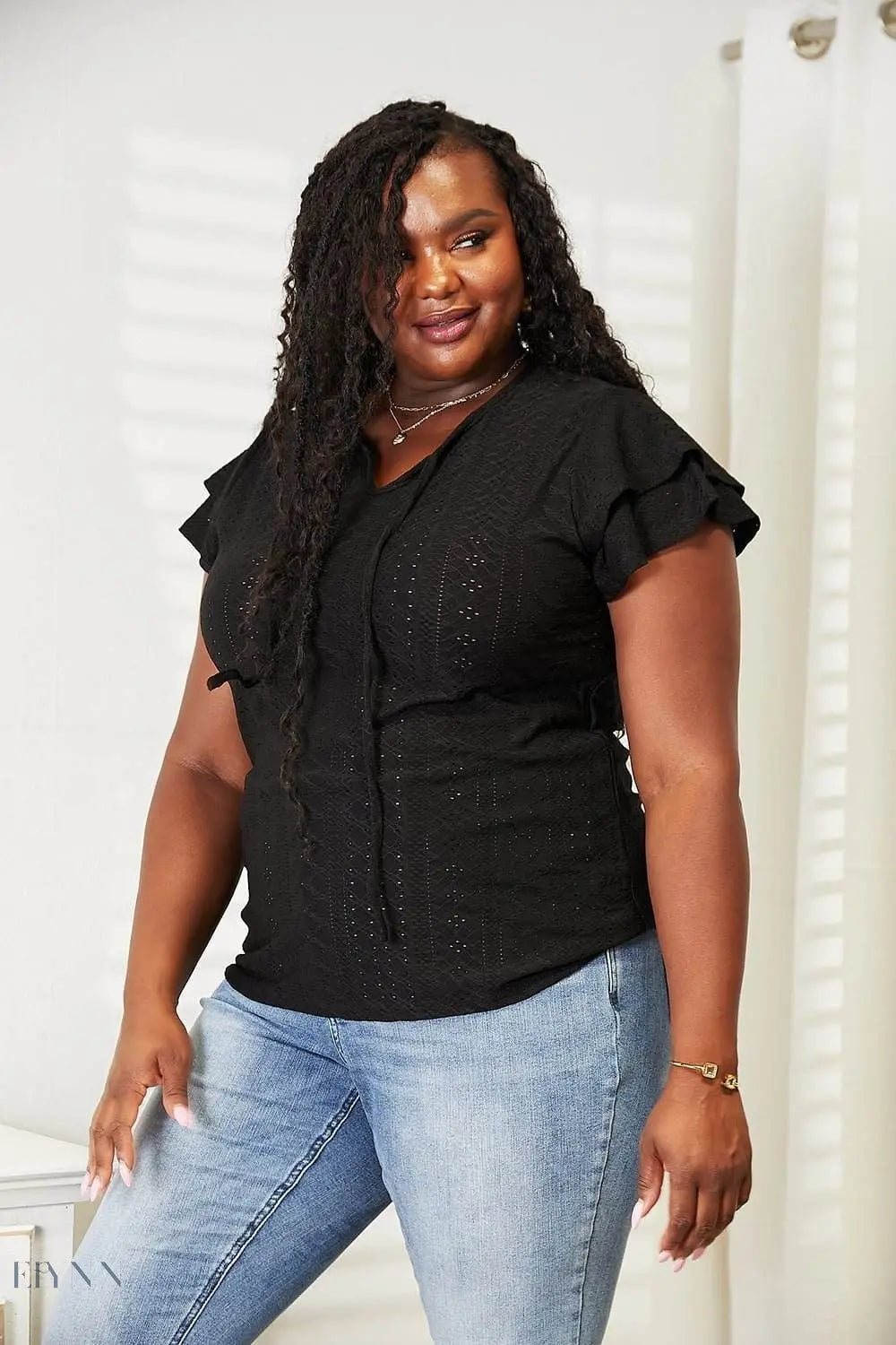 Mandy Eyelet Blouse with Tie-Neck and Flutter Sleeves - EBYNN