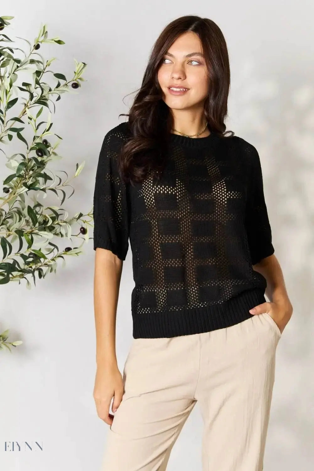 Mandy Ribbed Knit Top with Trimmed Round Neck - EBYNN