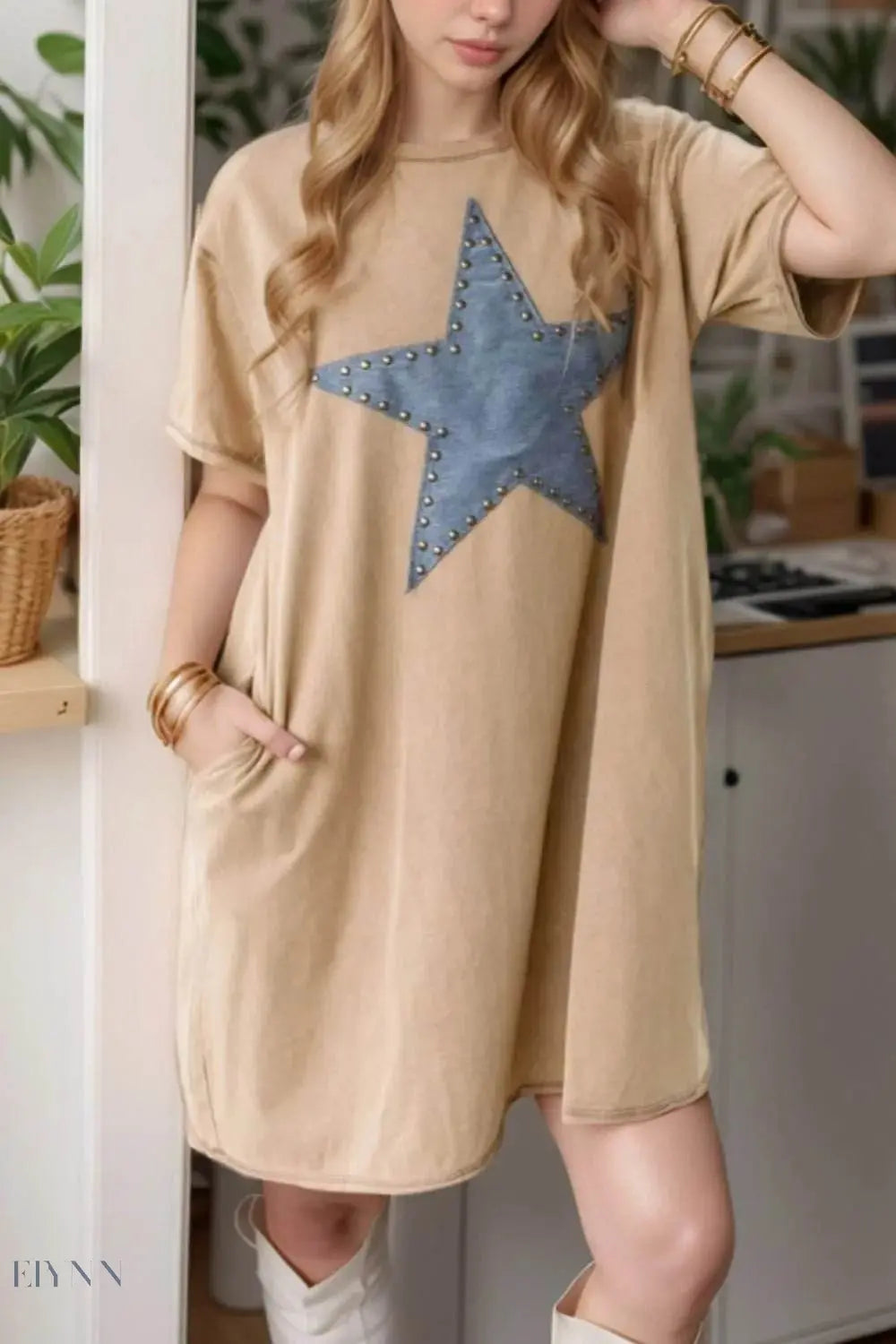 Mineral Wash Star T-Shirt Dress with Stud Beaded Pockets - EBYNN