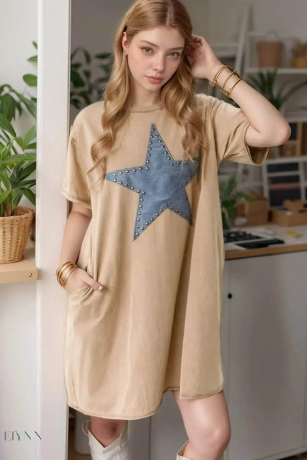 Mineral Wash Star T-Shirt Dress with Stud Beaded Pockets - EBYNN