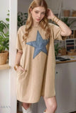 Mineral Wash Star T-Shirt Dress with Stud Beaded Pockets - EBYNN