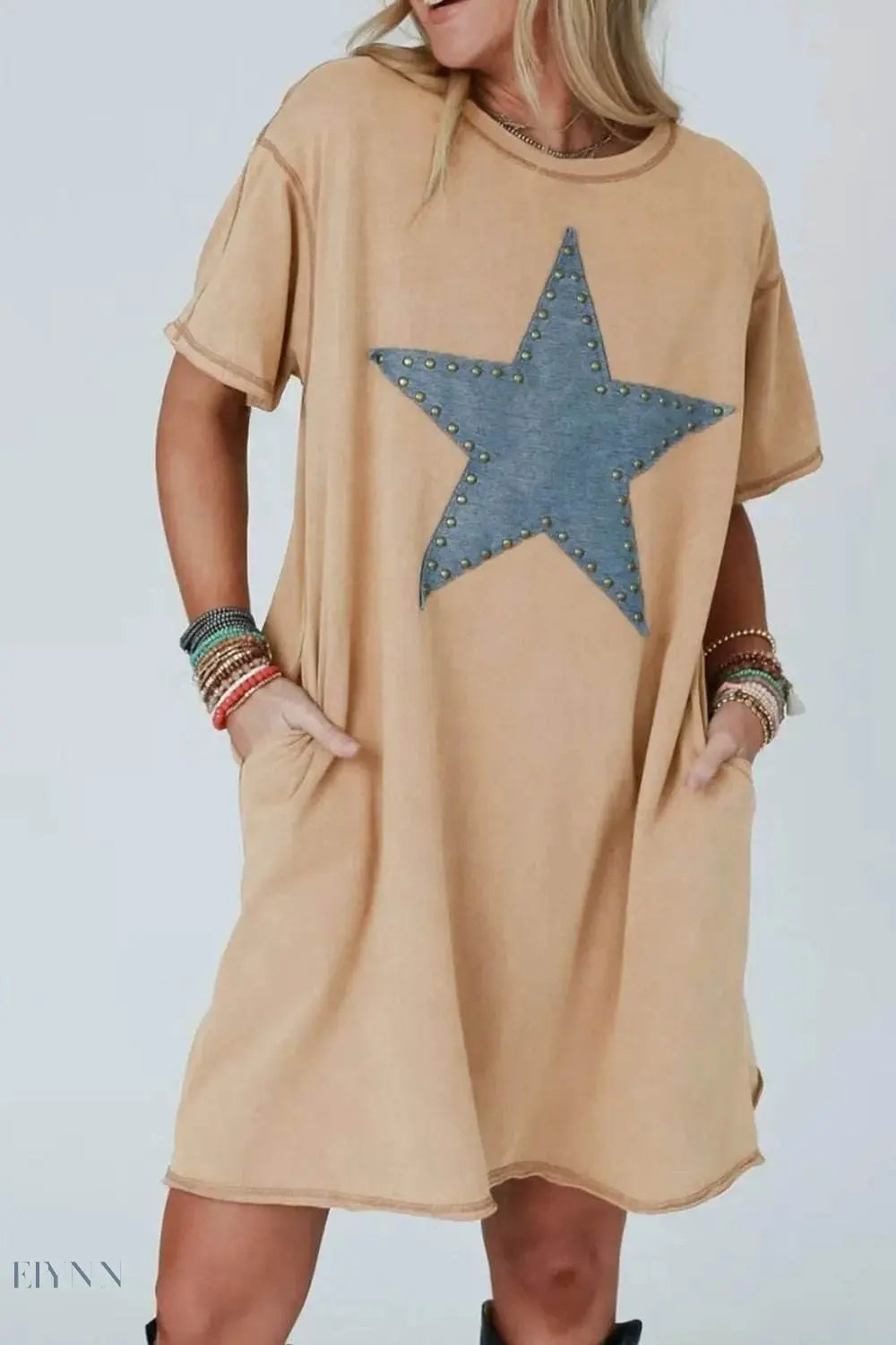 Mineral Wash Star T-Shirt Dress with Stud Beaded Pockets - EBYNN