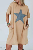 Mineral Wash Star T-Shirt Dress with Stud Beaded Pockets - EBYNN