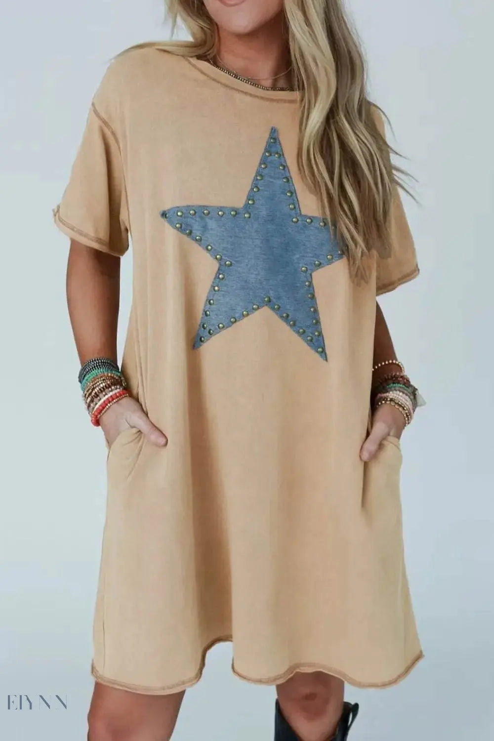Mineral Wash Star T-Shirt Dress with Stud Beaded Pockets - EBYNN