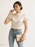 Mock Neck Satin Blouse with Short Sleeves for Effortless Chic Style - EBYNN
