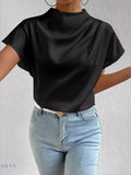Mock Neck Satin Blouse with Short Sleeves for Effortless Chic Style - EBYNN