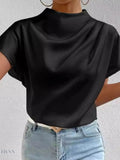 Mock Neck Satin Blouse with Short Sleeves for Effortless Chic Style - EBYNN
