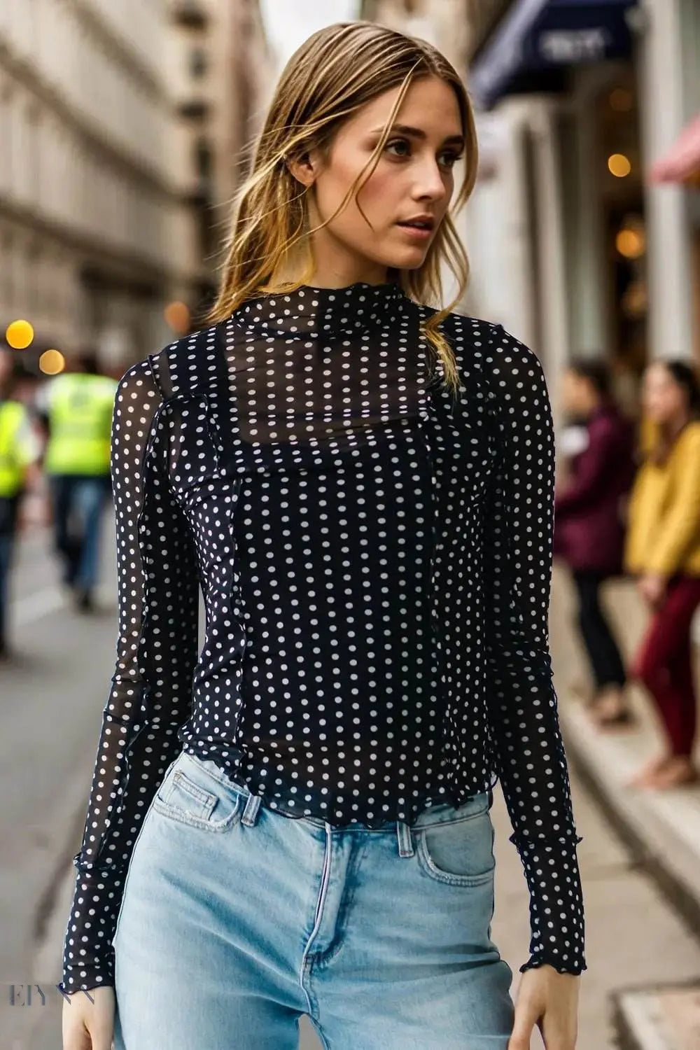 Frill Printed Long Sleeve Top with Mock Neck and Stylish Design - EBYNN