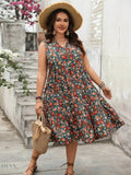 Plus Size Floral Dress with Notched Sleeveless Design - EBYNN
