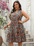 Plus Size Floral Dress with Notched Sleeveless Design - EBYNN