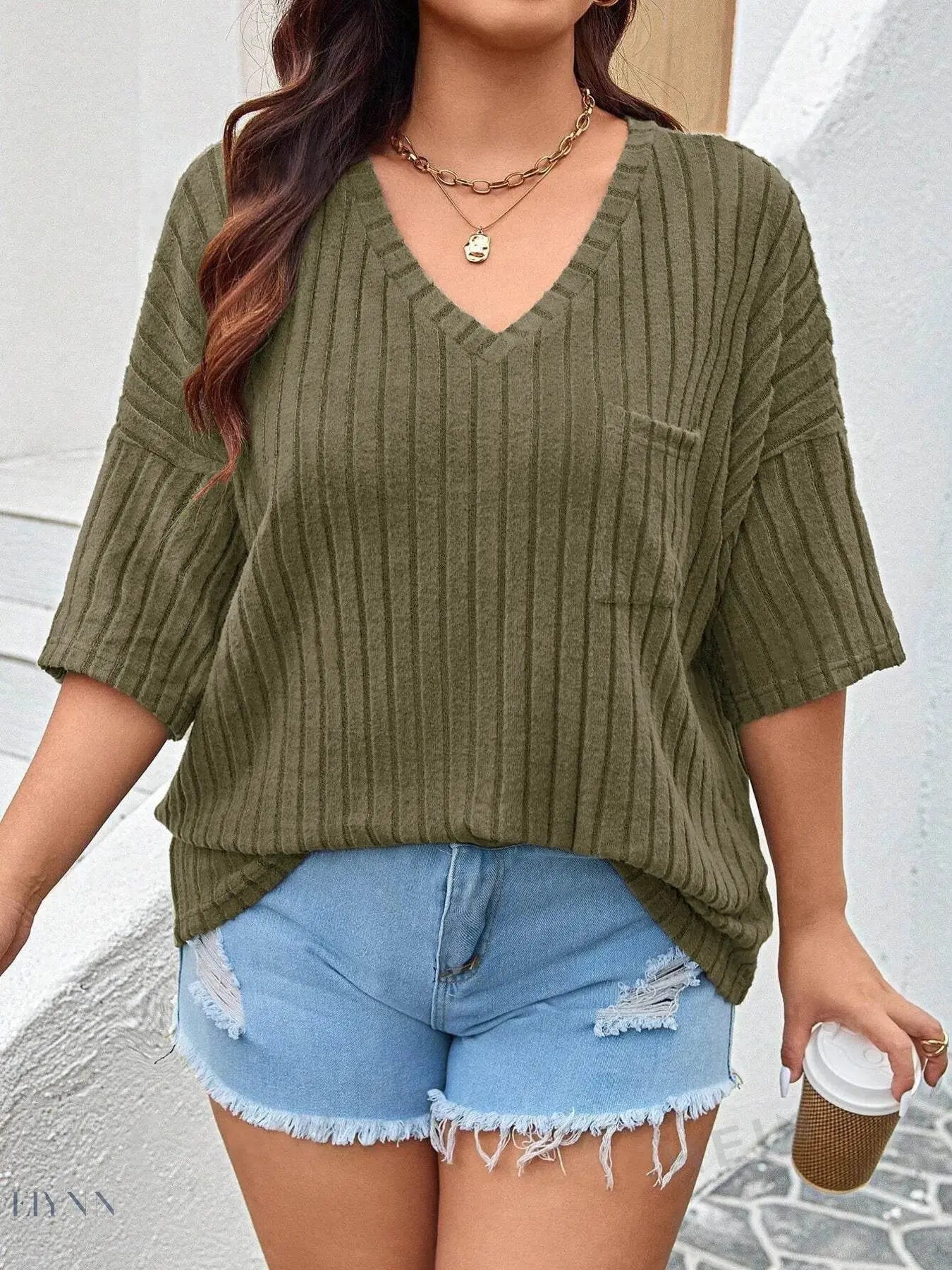 Plus Size Knit T-Shirt with V-Neck and Ribbed Design - EBYNN
