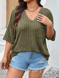 Plus Size Knit T-Shirt with V-Neck and Ribbed Design - EBYNN