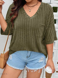 Plus Size Knit T-Shirt with V-Neck and Ribbed Design - EBYNN