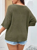 Plus Size Knit T-Shirt with V-Neck and Ribbed Design - EBYNN