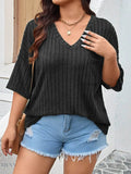 Plus Size Knit T-Shirt with V-Neck and Ribbed Design - EBYNN