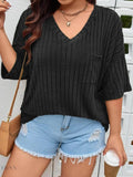 Plus Size Knit T-Shirt with V-Neck and Ribbed Design - EBYNN