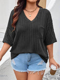 Plus Size Knit T-Shirt with V-Neck and Ribbed Design - EBYNN