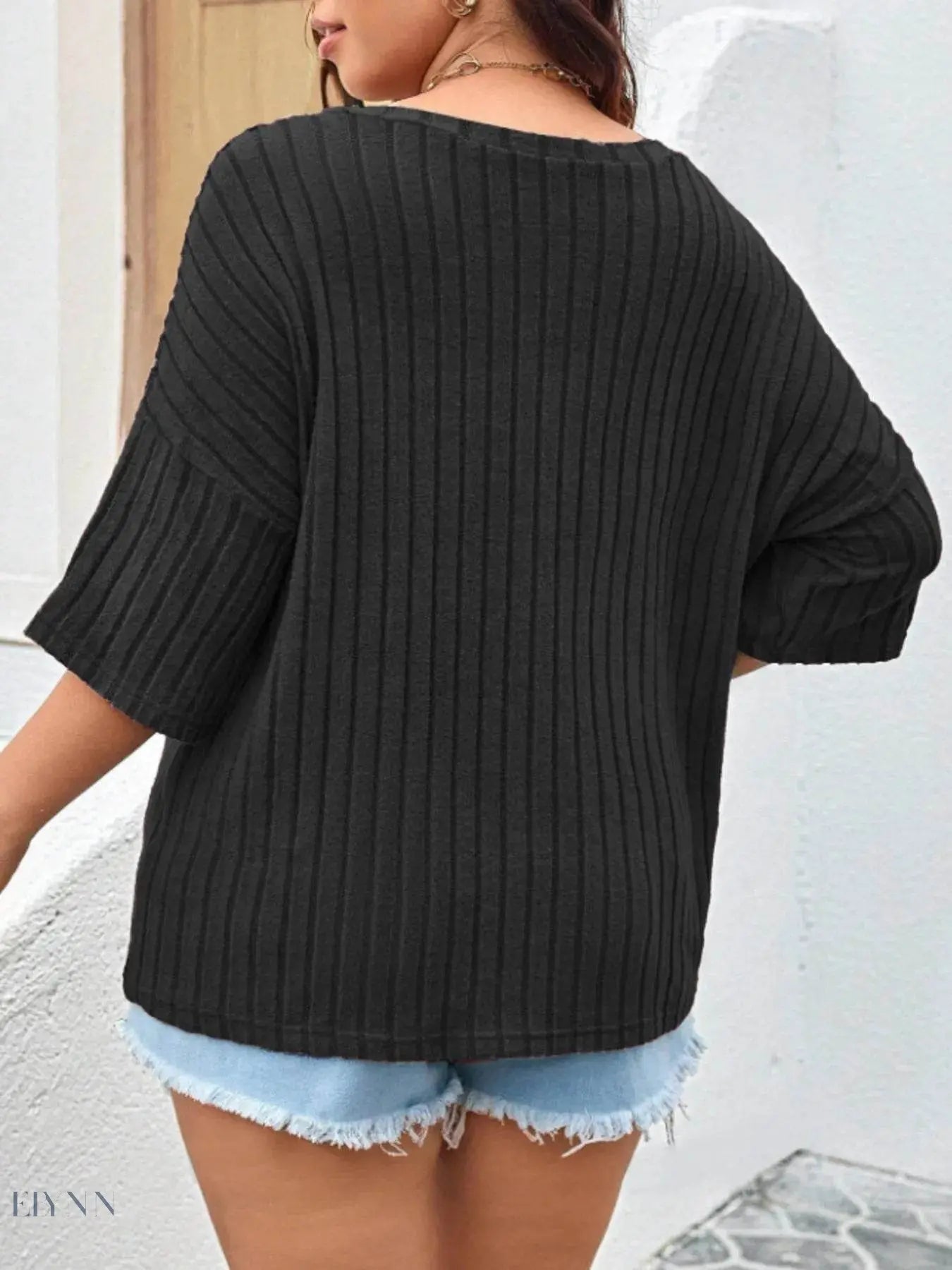 Plus Size Knit T-Shirt with V-Neck and Ribbed Design - EBYNN