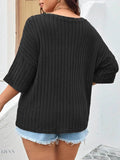 Plus Size Knit T-Shirt with V-Neck and Ribbed Design - EBYNN