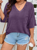 Plus Size Knit T-Shirt with V-Neck and Ribbed Design - EBYNN