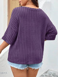 Plus Size Knit T-Shirt with V-Neck and Ribbed Design - EBYNN