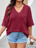 Plus Size Knit T-Shirt with V-Neck and Ribbed Design - EBYNN