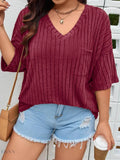 Plus Size Knit T-Shirt with V-Neck and Ribbed Design - EBYNN