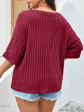 Plus Size Knit T-Shirt with V-Neck and Ribbed Design - EBYNN