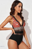 Printed Mesh Plunge One-Piece Swimsuit - EBYNN