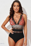Printed Mesh Plunge One-Piece Swimsuit - EBYNN