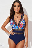 Printed Mesh Plunge One-Piece Swimsuit - EBYNN