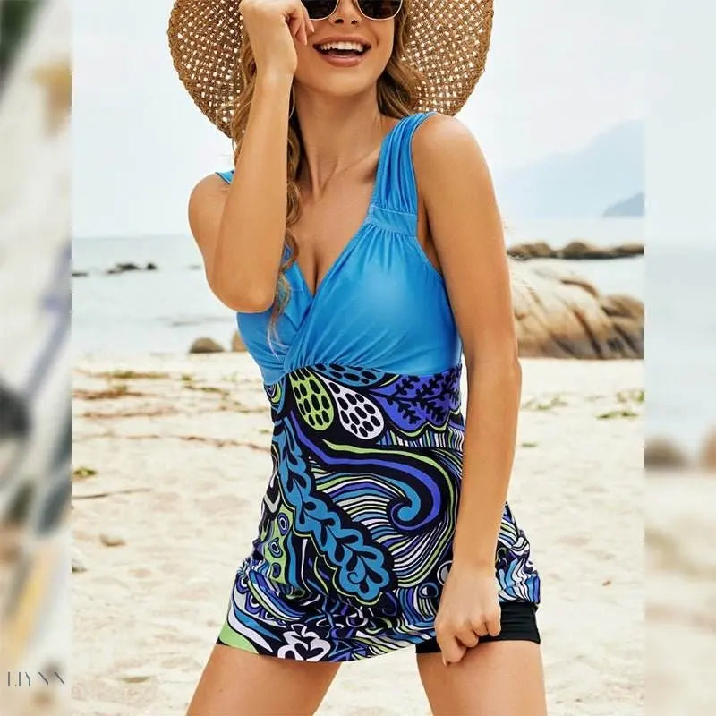 Printed Ruched Swim Dress and Swim Bottoms Set - EBYNN