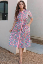 Printed Shirred Sleeve Buttoned Midi Dress with Sash - EBYNN