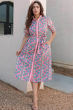 Printed Shirred Sleeve Buttoned Midi Dress with Sash - EBYNN