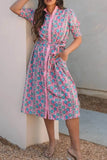 Printed Shirred Sleeve Buttoned Midi Dress with Sash - EBYNN