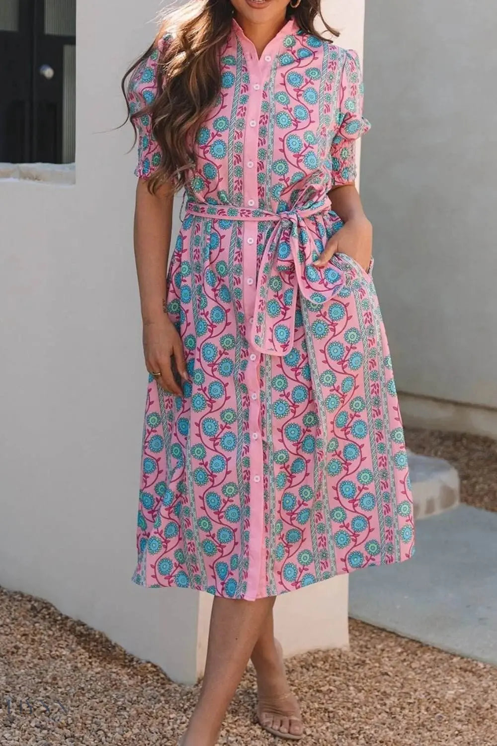 Printed Shirred Sleeve Buttoned Midi Dress with Sash - EBYNN