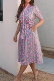 Printed Shirred Sleeve Buttoned Midi Dress with Sash - EBYNN