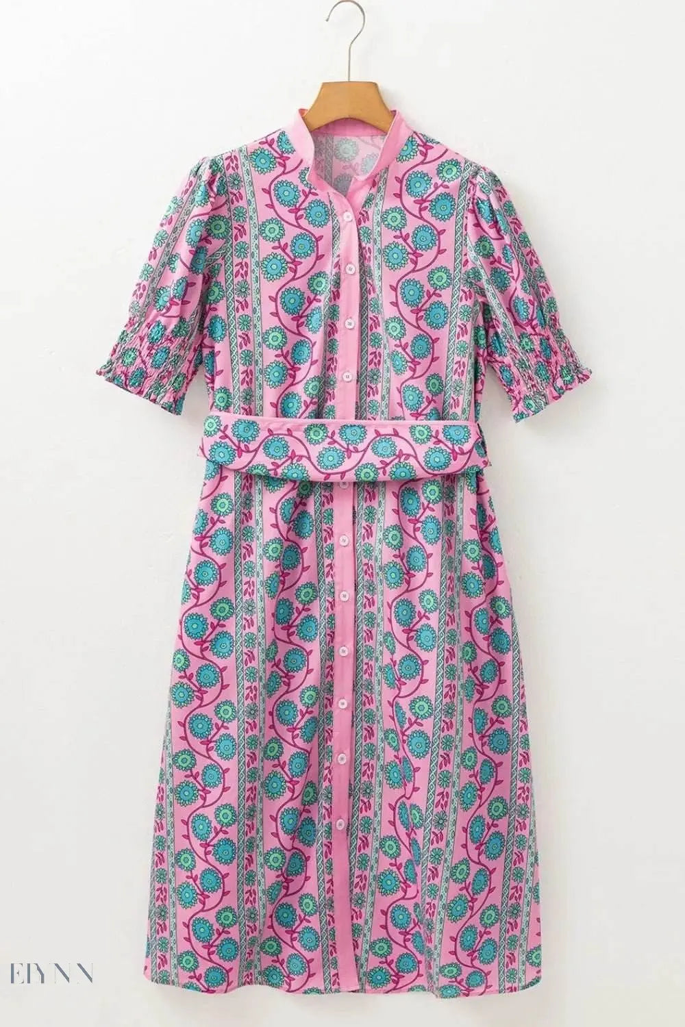 Printed Shirred Sleeve Buttoned Midi Dress with Sash - EBYNN