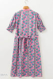 Printed Shirred Sleeve Buttoned Midi Dress with Sash - EBYNN
