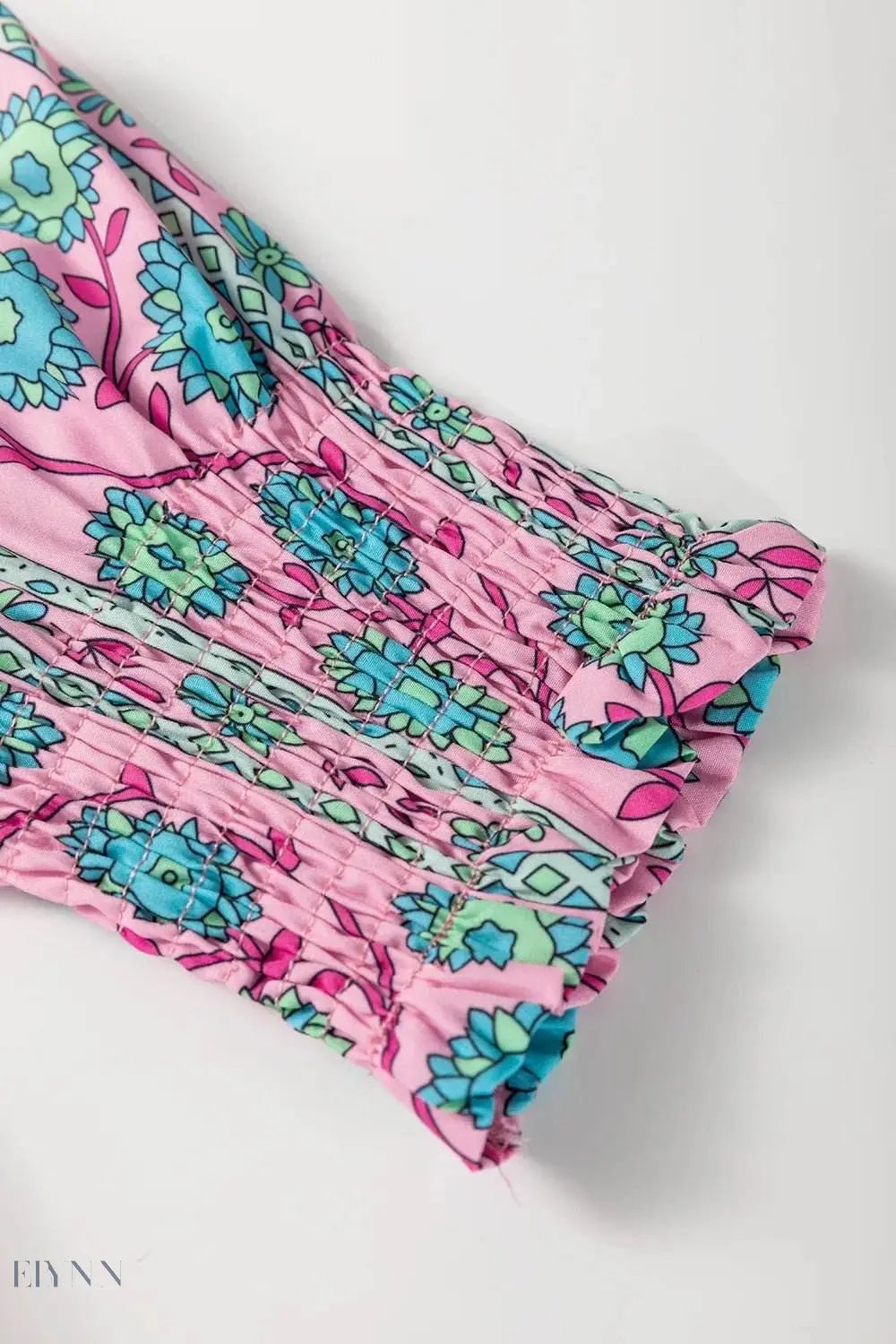 Printed Shirred Sleeve Buttoned Midi Dress with Sash - EBYNN