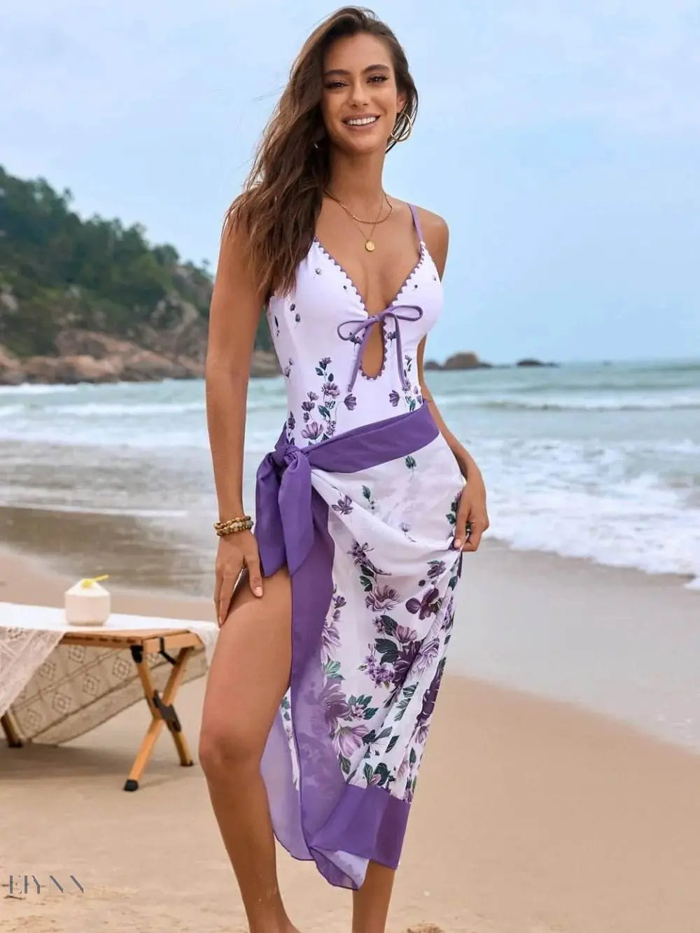 Printed Spaghetti Strap One-Piece Swimwear & Cover Up Set - EBYNN