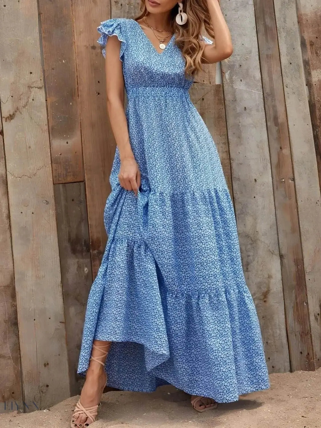 Printed V-Neck Ruffled Cap Sleeve Maxi Dress - EBYNN