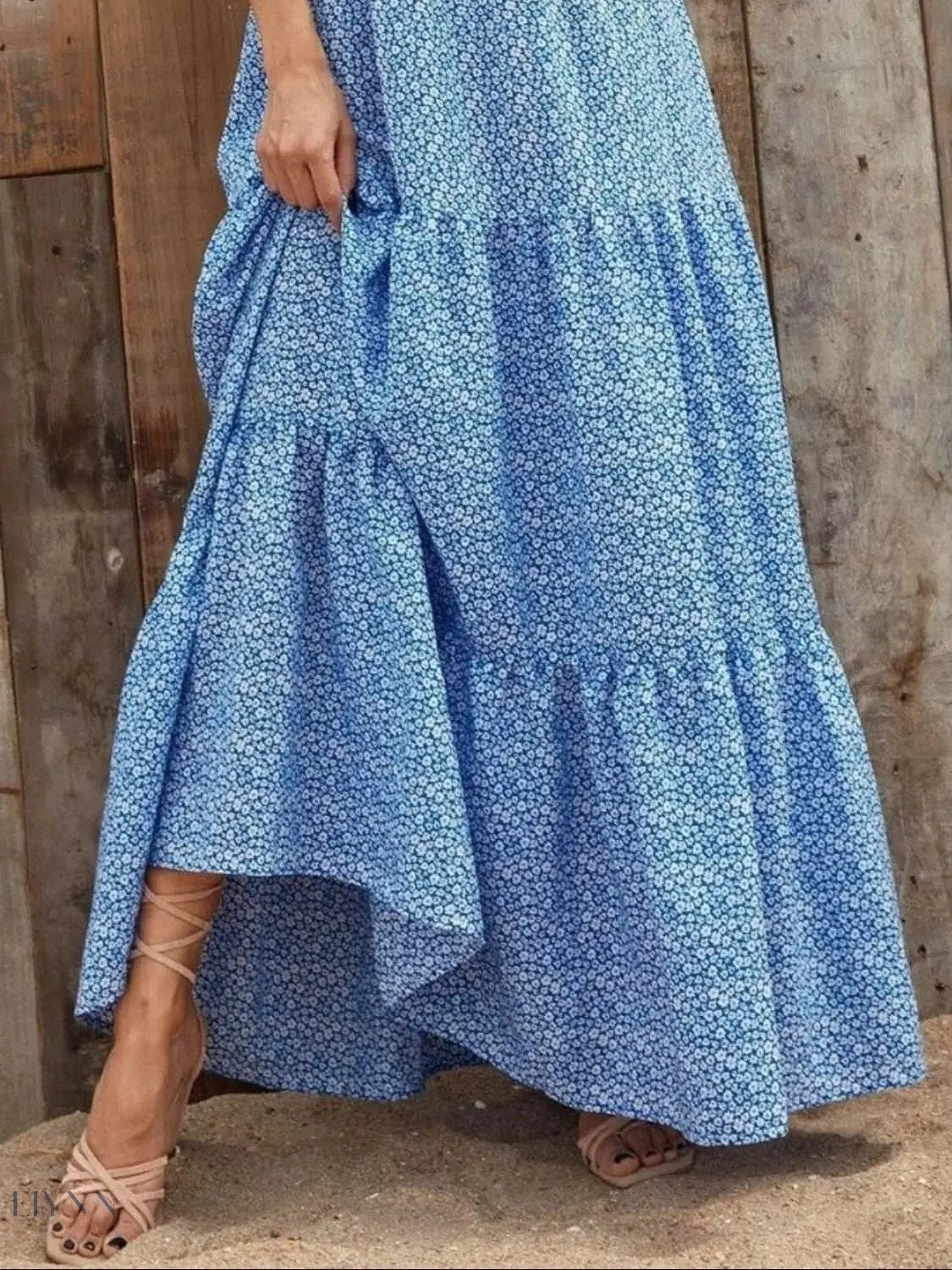 Printed V-Neck Ruffled Cap Sleeve Maxi Dress - EBYNN