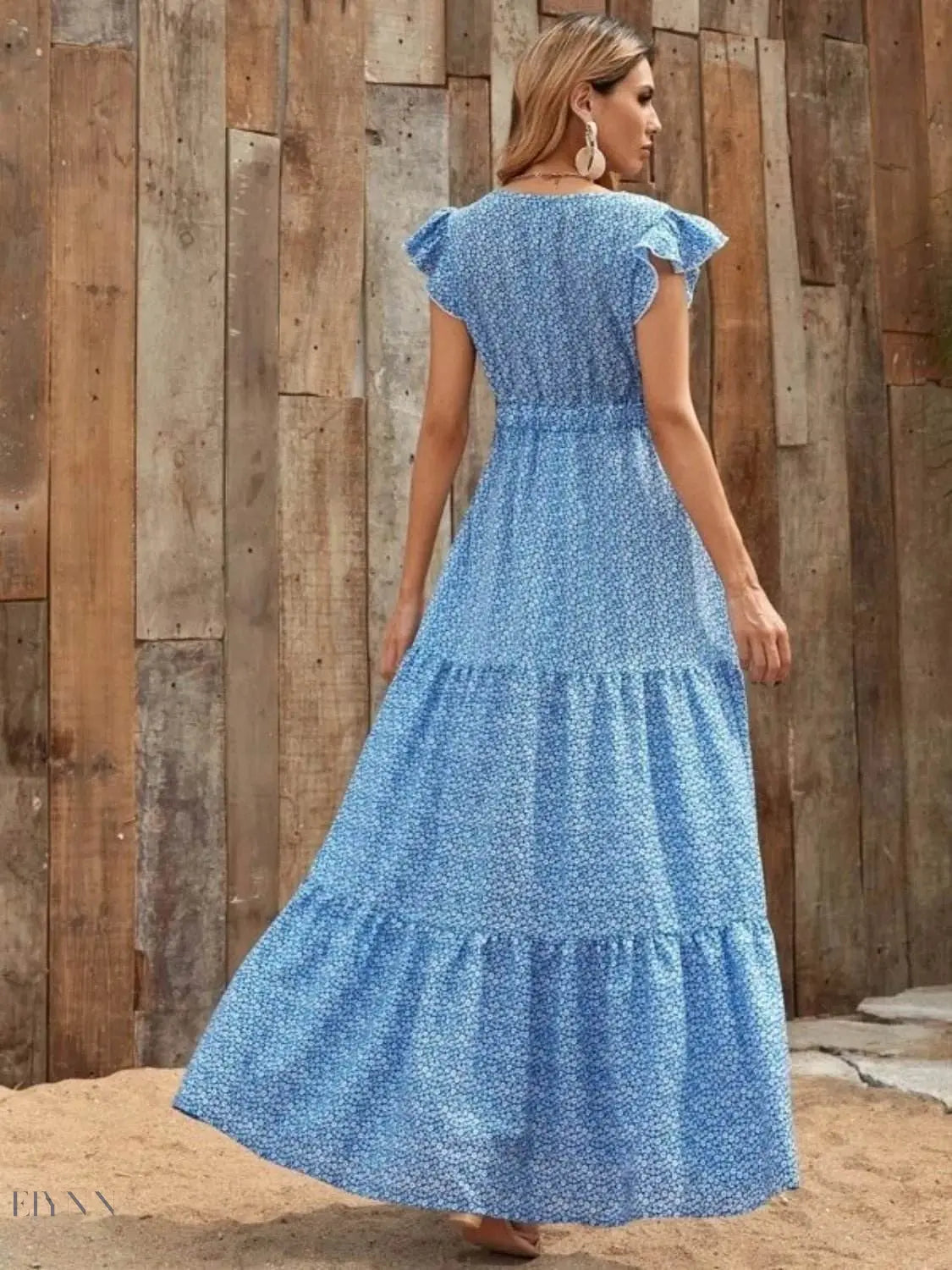 Printed V-Neck Ruffled Cap Sleeve Maxi Dress - EBYNN