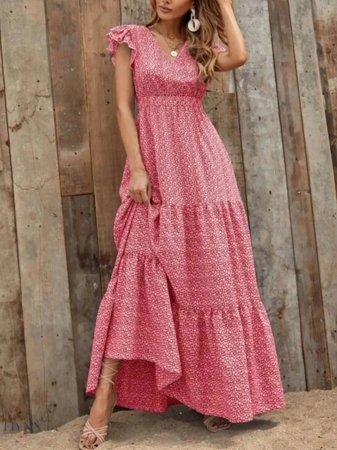 Printed V-Neck Ruffled Cap Sleeve Maxi Dress - EBYNN
