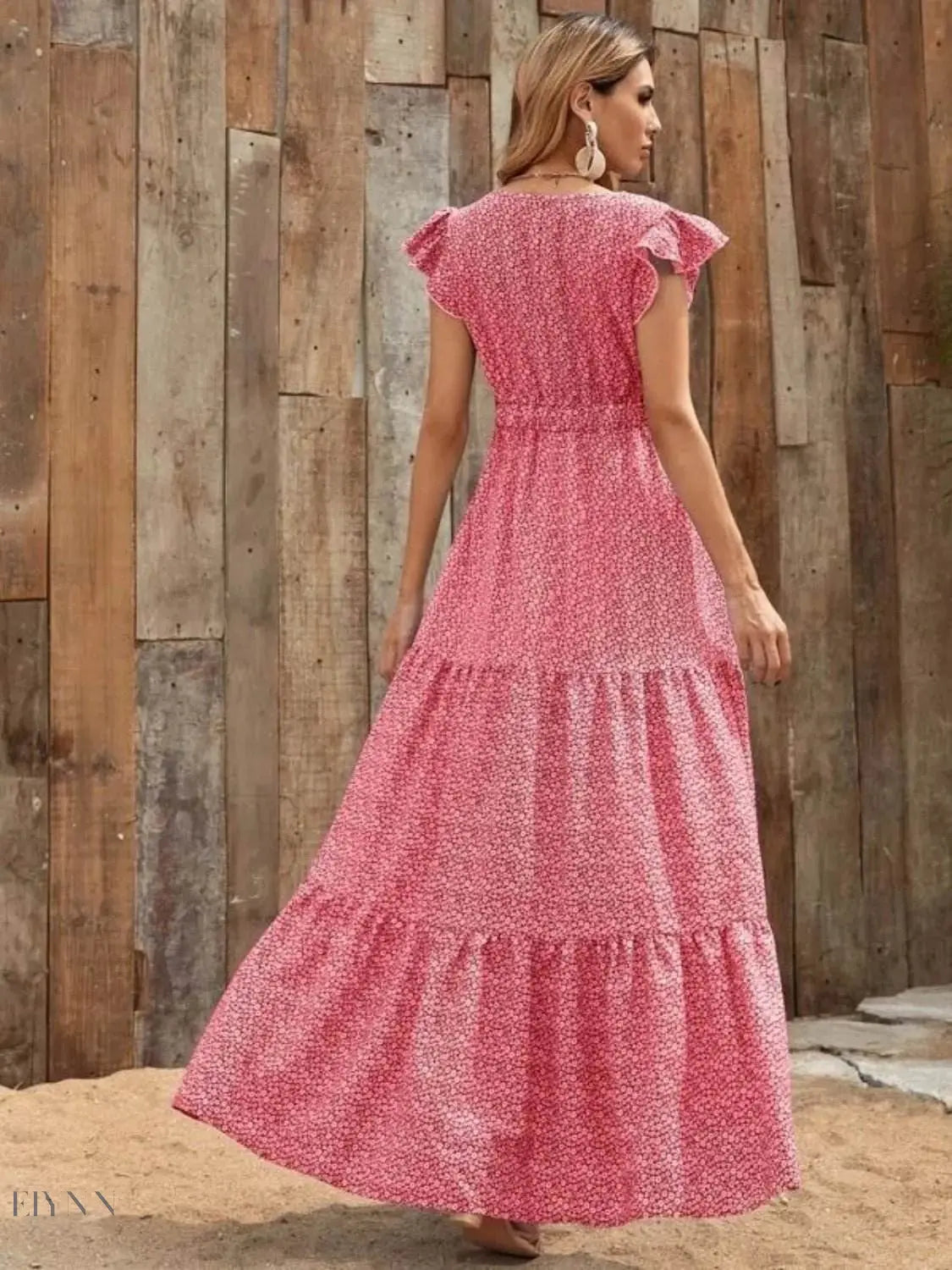 Printed V-Neck Ruffled Cap Sleeve Maxi Dress - EBYNN